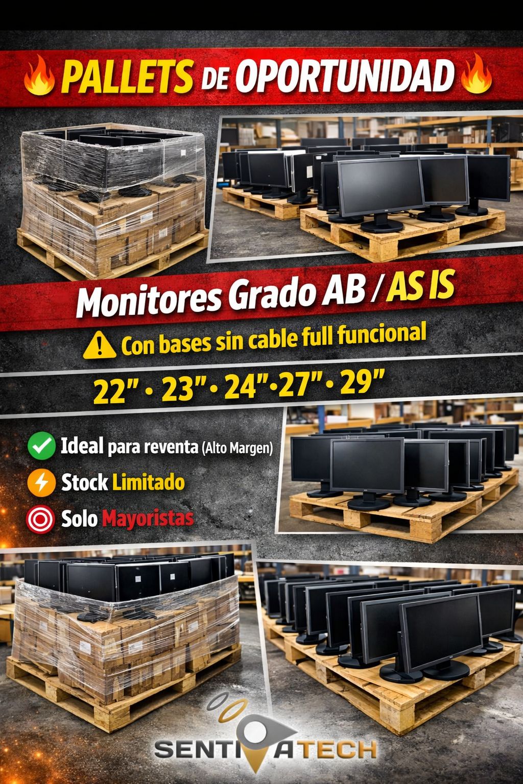 Pallets de Monitores Grado AB AS IS | Venta Mayorista por Pallet Completo | Solicita Cotización