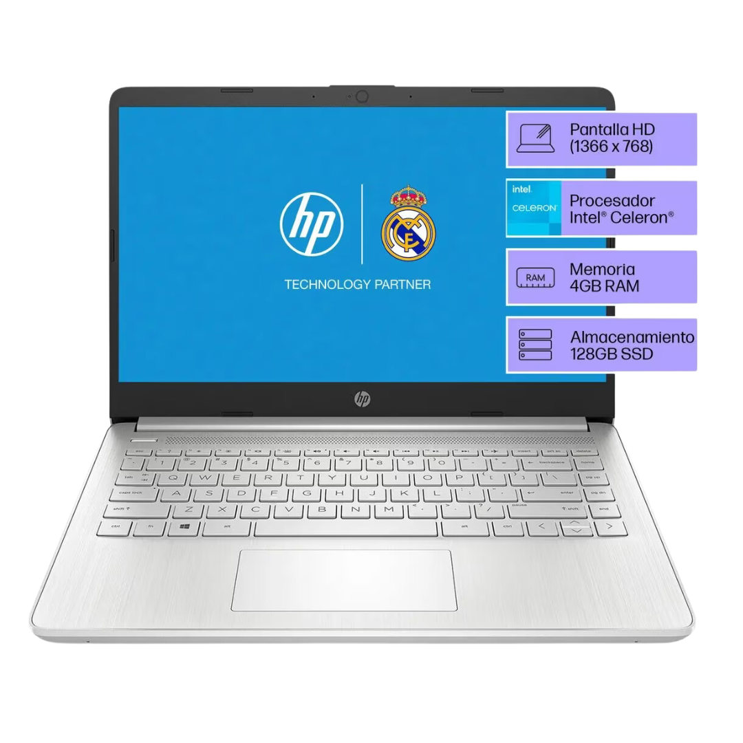 HP 14" Laptop, Intel Celeron, 4GB RAM, 128GB eMMC, Intel UHD Graphics, Windows 11 - Natural Silver