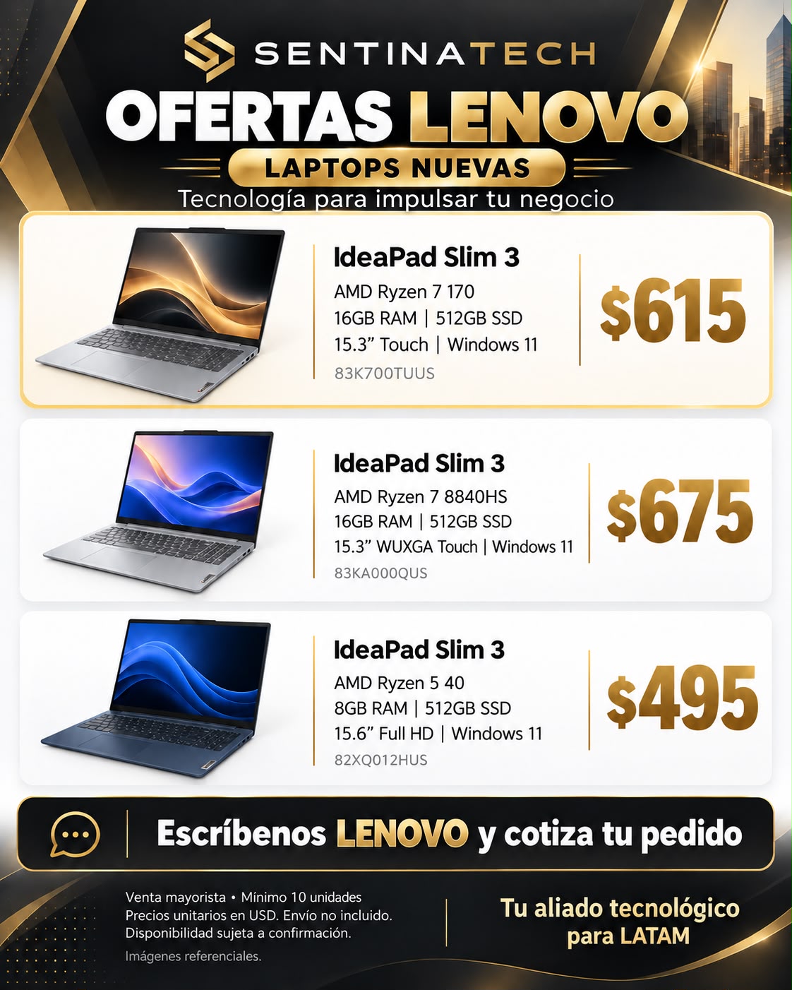 Lenovo IdeaPad Slim 3 Touch 15.3" | Ryzen 7 8840HS | 16GB RAM | 512GB SSD | Radeon 780M | Windows 11 | Nuevo
